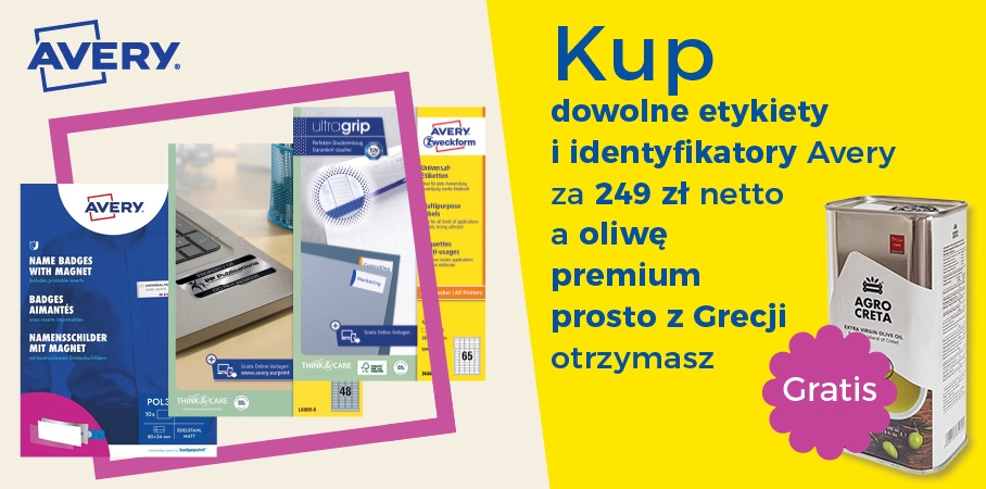 Etykiety i identyfikatory Avery w promocji – przy zakupie za 249 zł oliwa premium z Grecji gratis